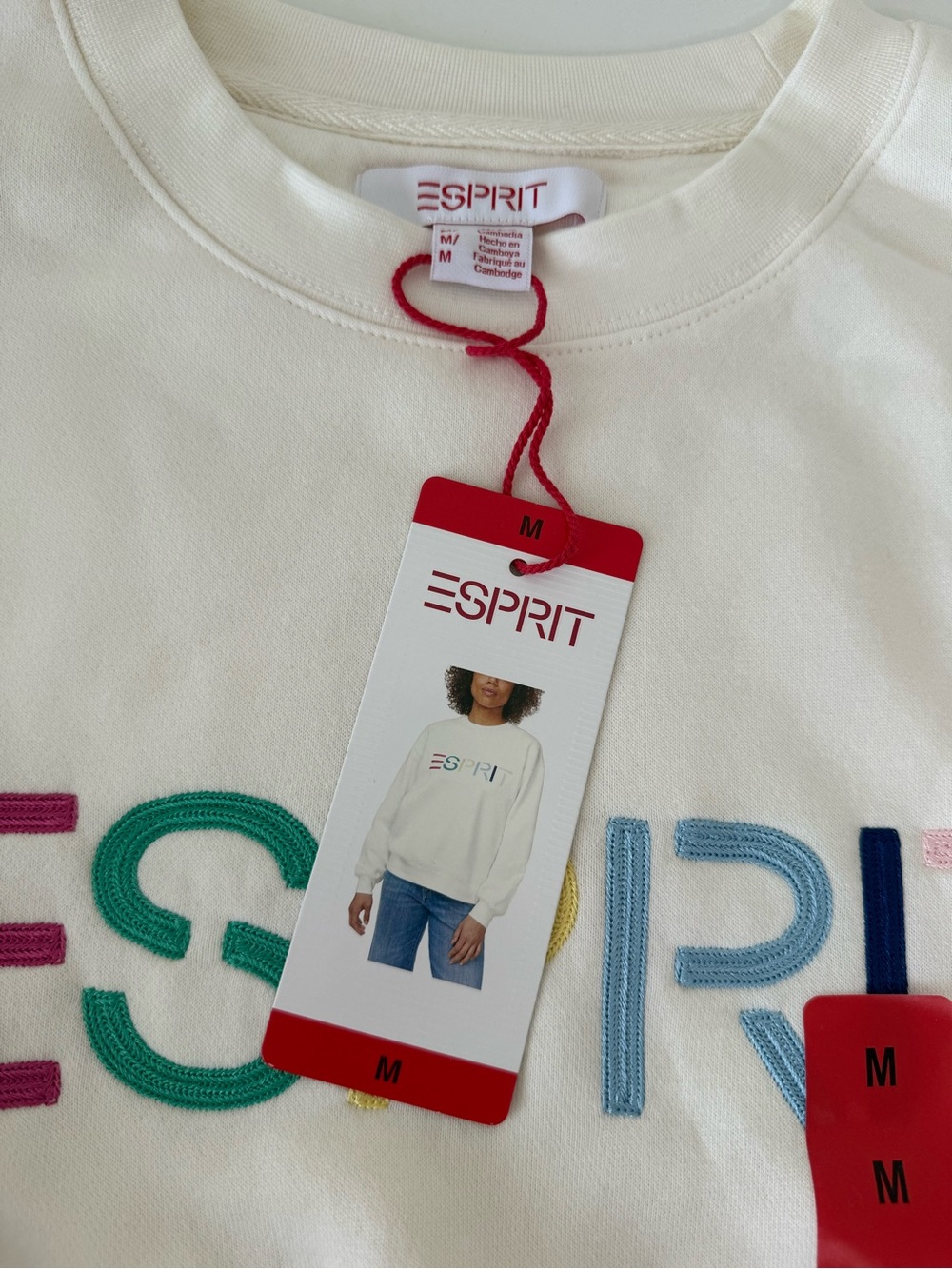 NWT Esprit Cream Logo Fleece Crewneck Sweatshirt Embroidered 80s Retro Viral M - Picture 6 of 10